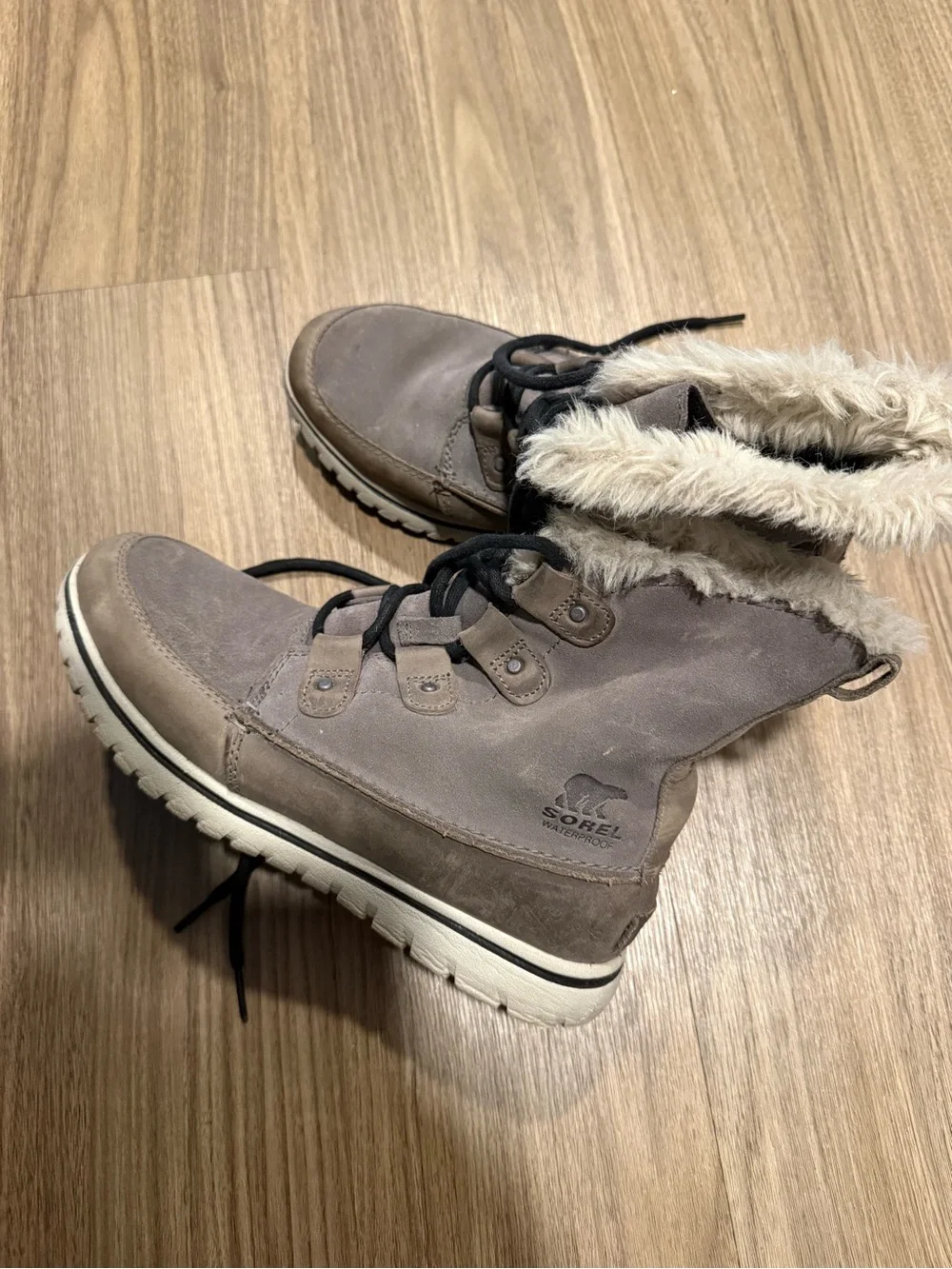 Sorel Joan Taupe Lace-Up Faux-Fur Collar Winter Boot
